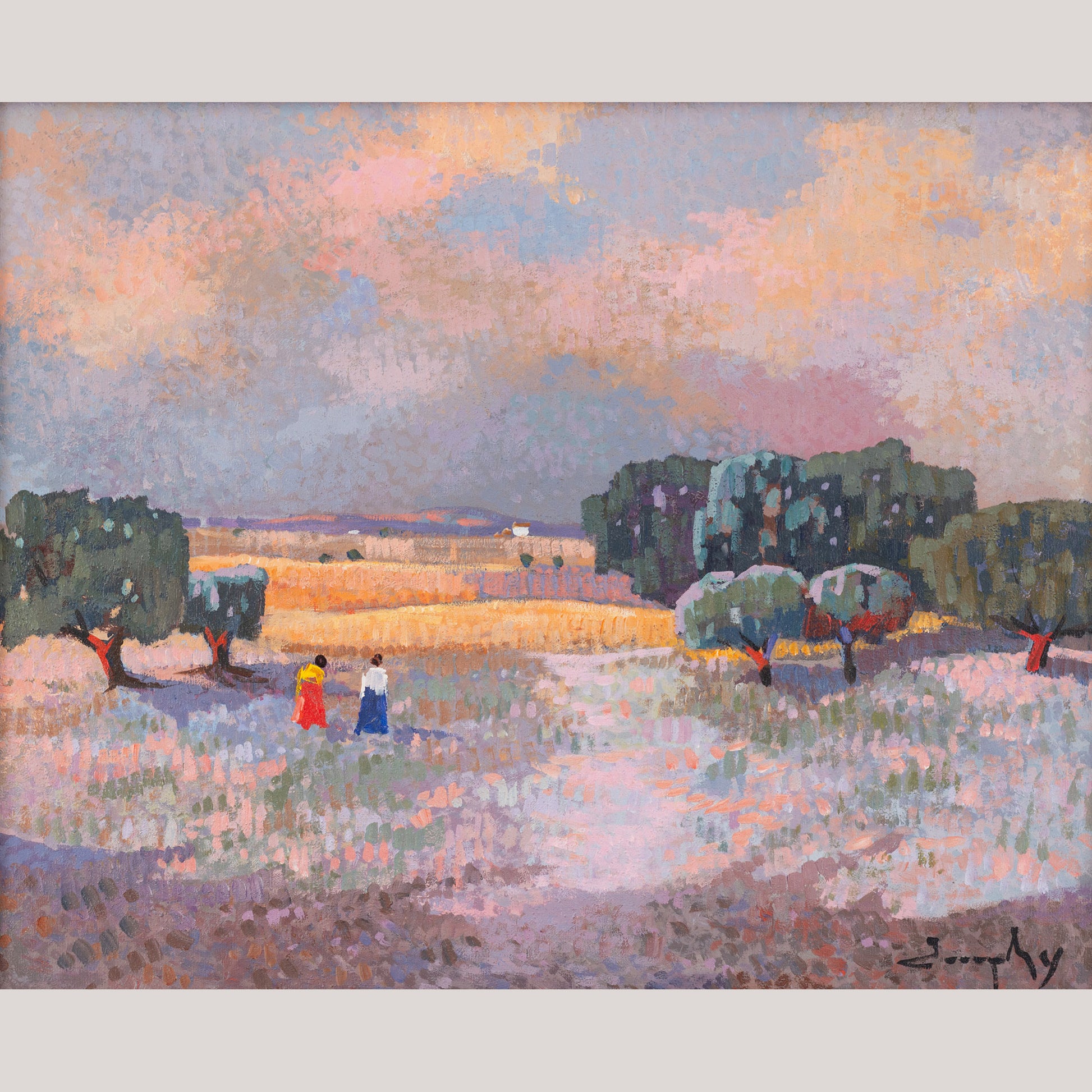 Pointilist Landscape Oil Painting - Twilight Stroll through the Olive Grove - Modern Decorative