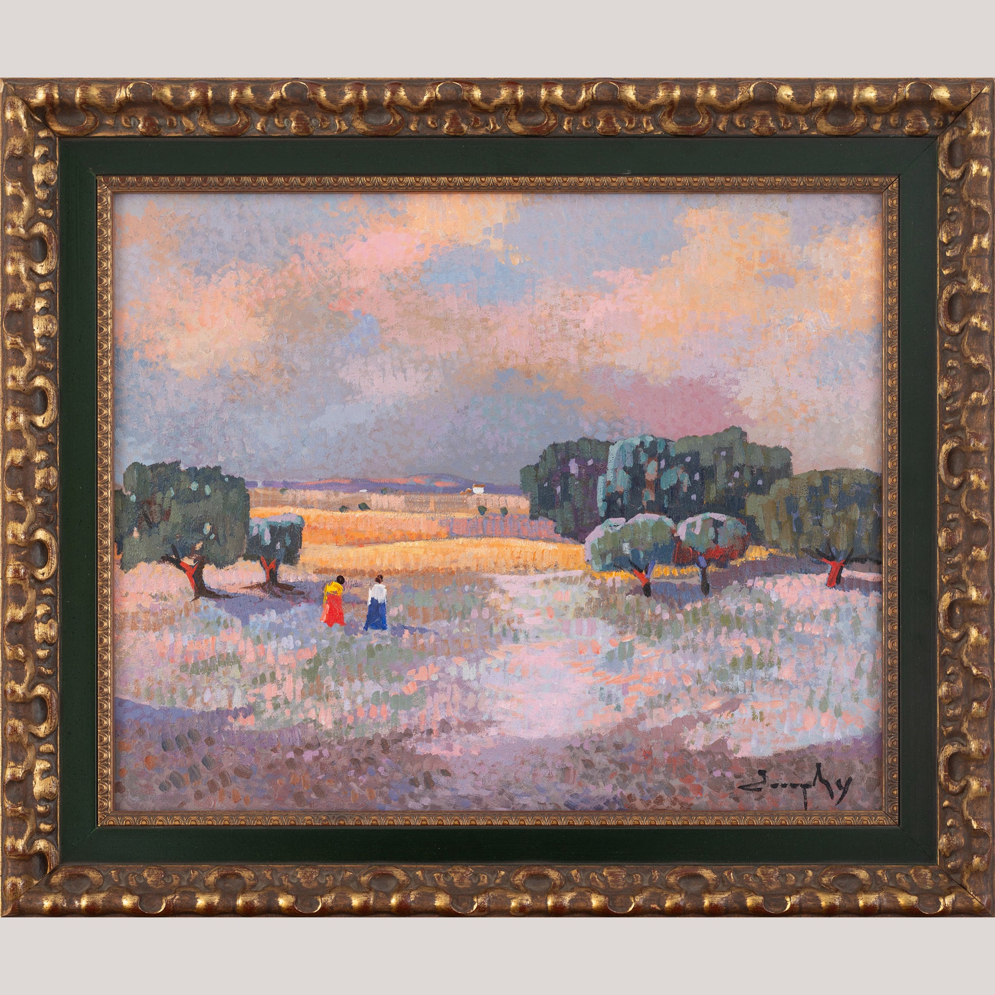 Pointilist Landscape Oil Painting - Twilight Stroll through the Olive Grove - Modern Decorative