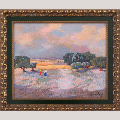 Pointilist Landscape Oil Painting - Twilight Stroll through the Olive Grove - Modern Decorative