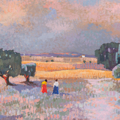 Pointilist Landscape Oil Painting - Twilight Stroll through the Olive Grove - Modern Decorative