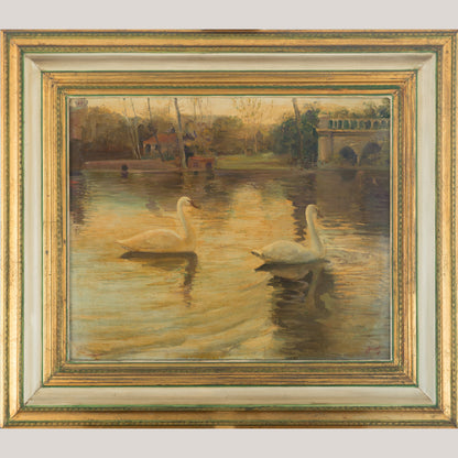 Swans on a Lake - Andrés Justh - Framed Oil on Canvas