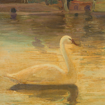 Swans on a Lake - Andrés Justh - Framed Oil on Canvas