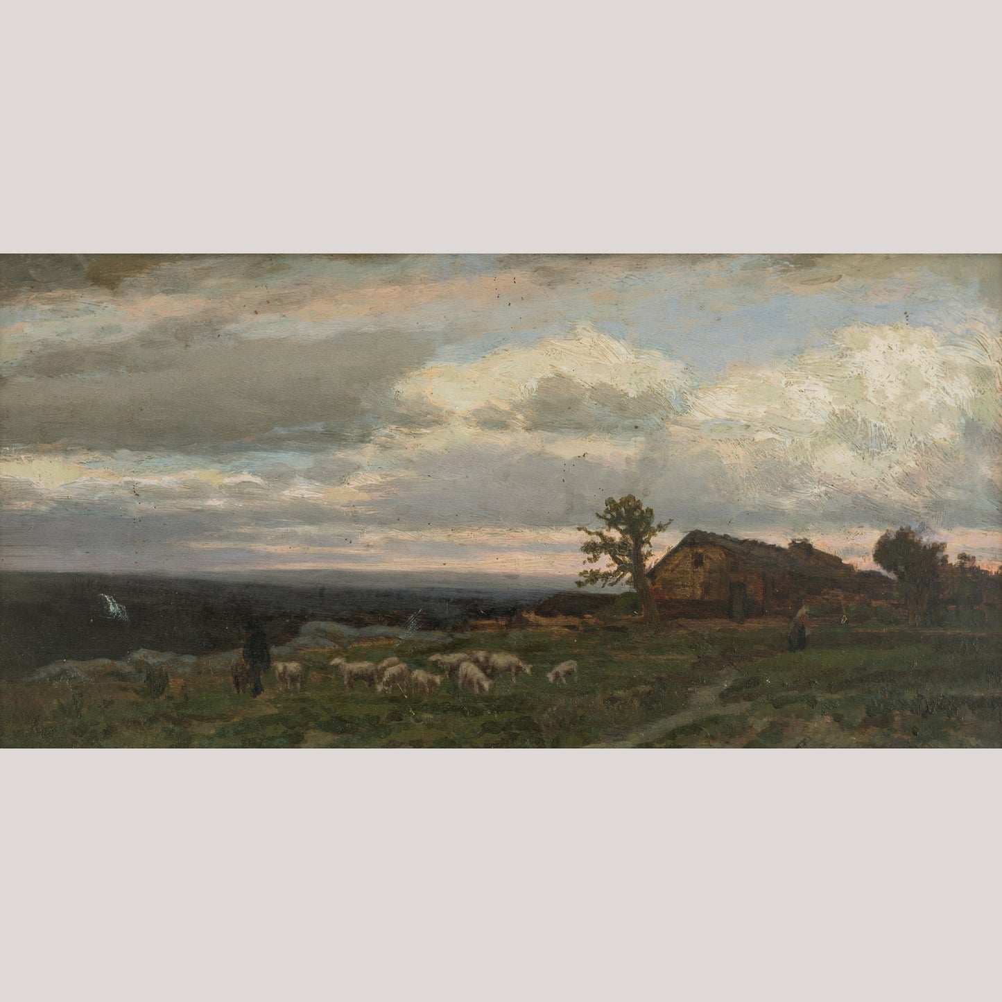 Landscape with Shepherd and Sheep – 19th Century Oil on Panel