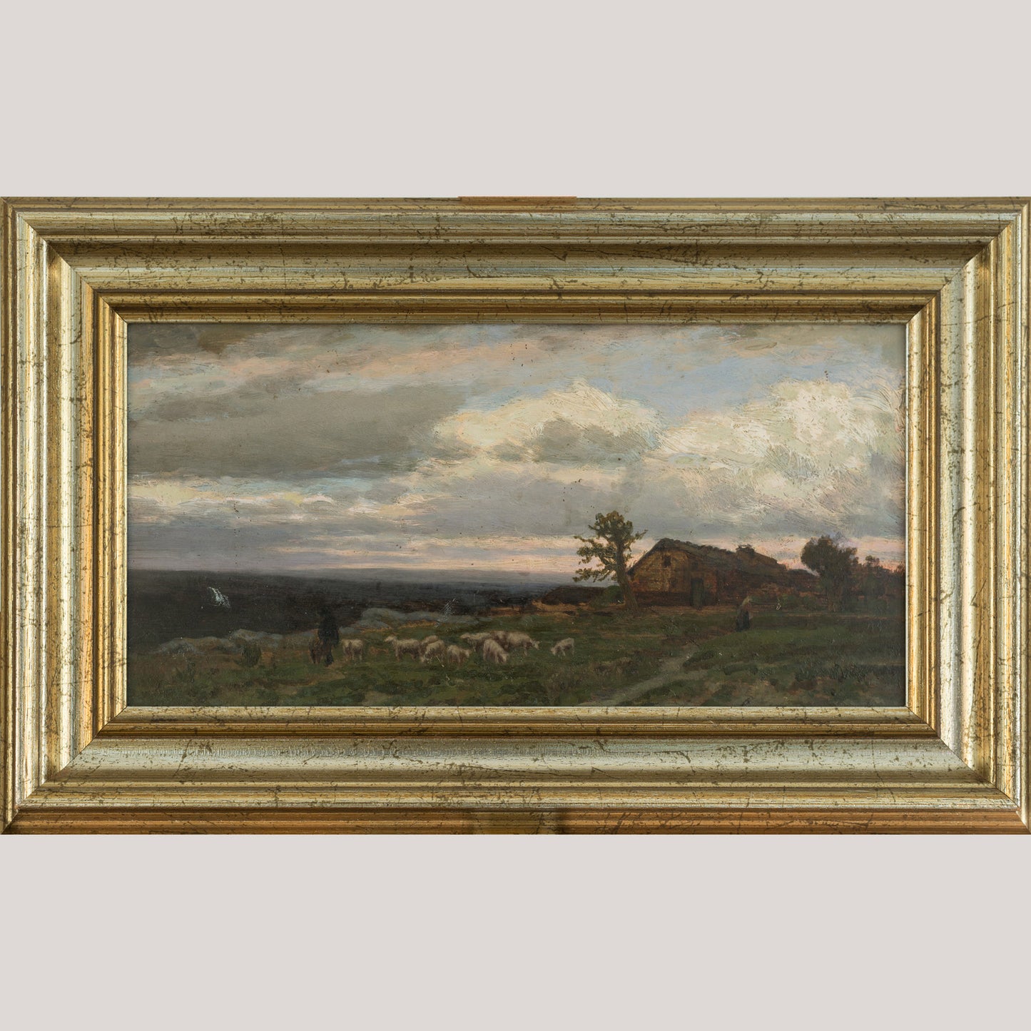 Landscape with Shepherd and Sheep – 19th Century Oil on Panel