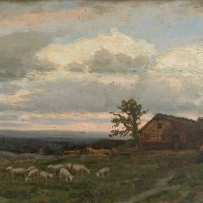 Landscape with Shepherd and Sheep – 19th Century Oil on Panel