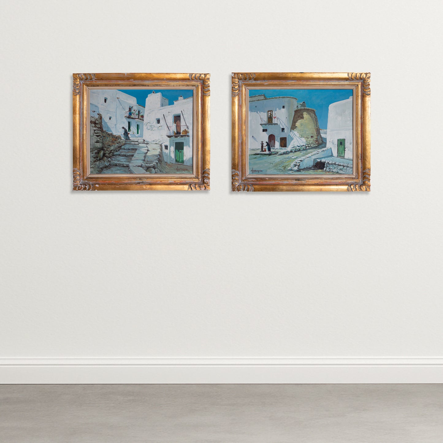 Ibizan Village Scenes – Pair of Original Oil Paintings by Miquel Tort Masgrau
