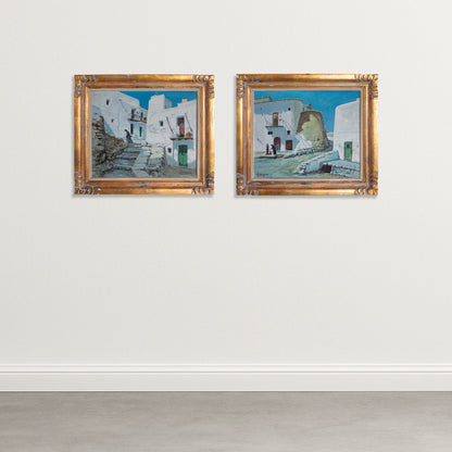 Ibizan Village Scenes – Pair of Original Oil Paintings by Miquel Tort Masgrau