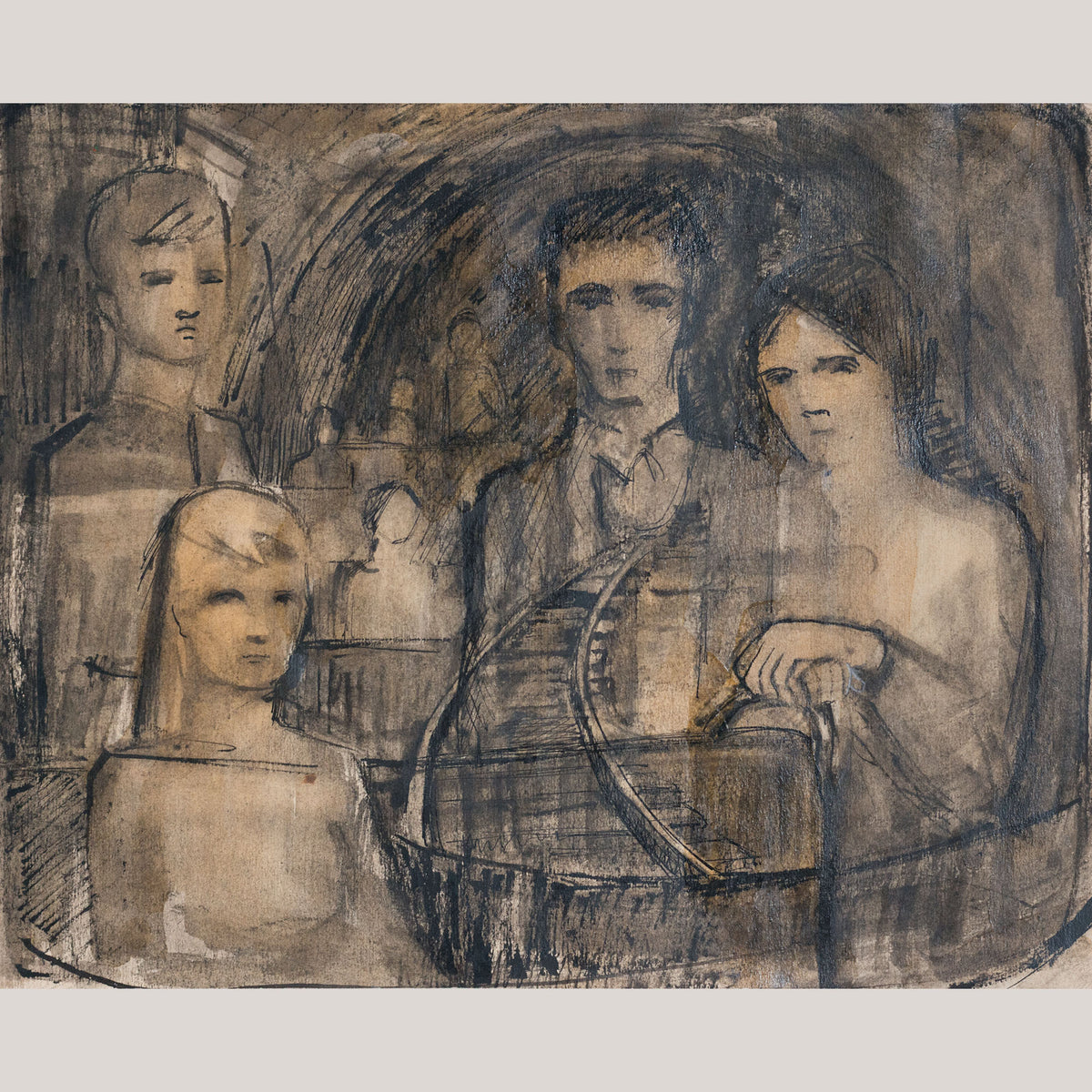 Pen, ink and wash drawing of four figures alongside a curving railway track beneath architectural arches, described as follower of Keith Vaughan.