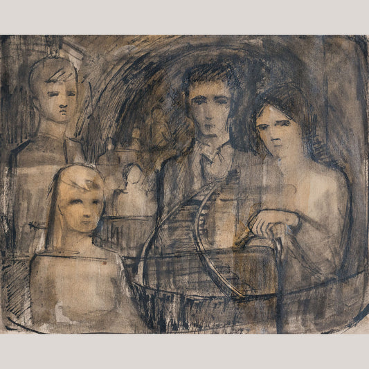 Pen, ink and wash drawing of four figures alongside a curving railway track beneath architectural arches, described as follower of Keith Vaughan.