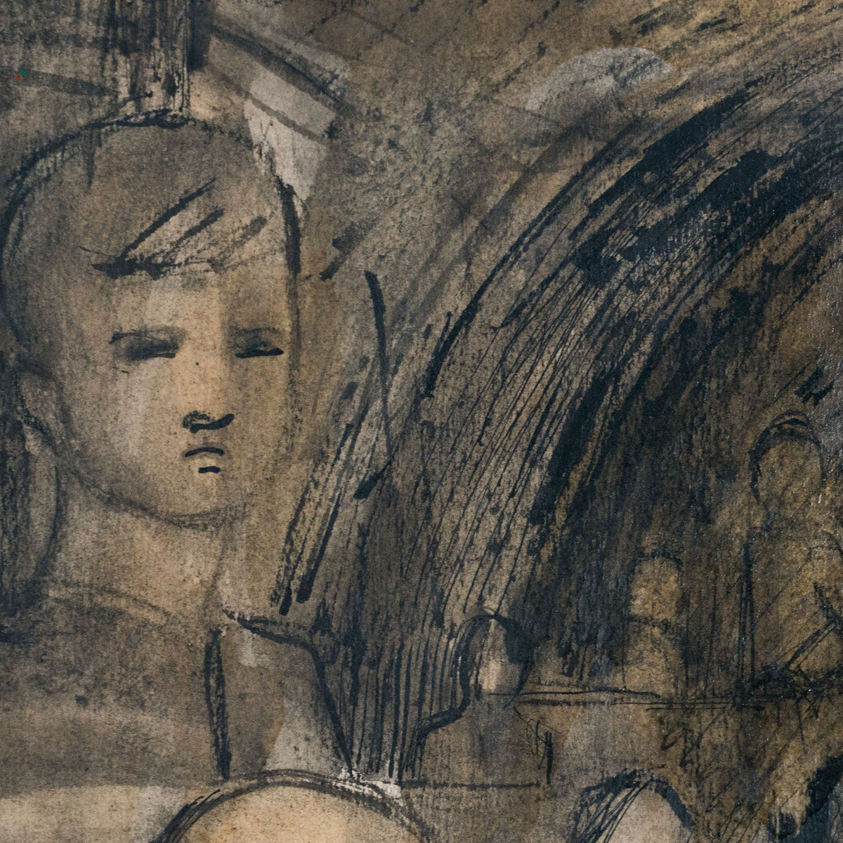 Pen, ink and wash drawing of four figures alongside a curving railway track beneath architectural arches, described as follower of Keith Vaughan.