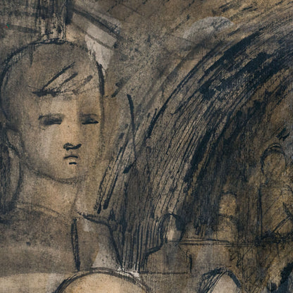 Pen, ink and wash drawing of four figures alongside a curving railway track beneath architectural arches, described as follower of Keith Vaughan.