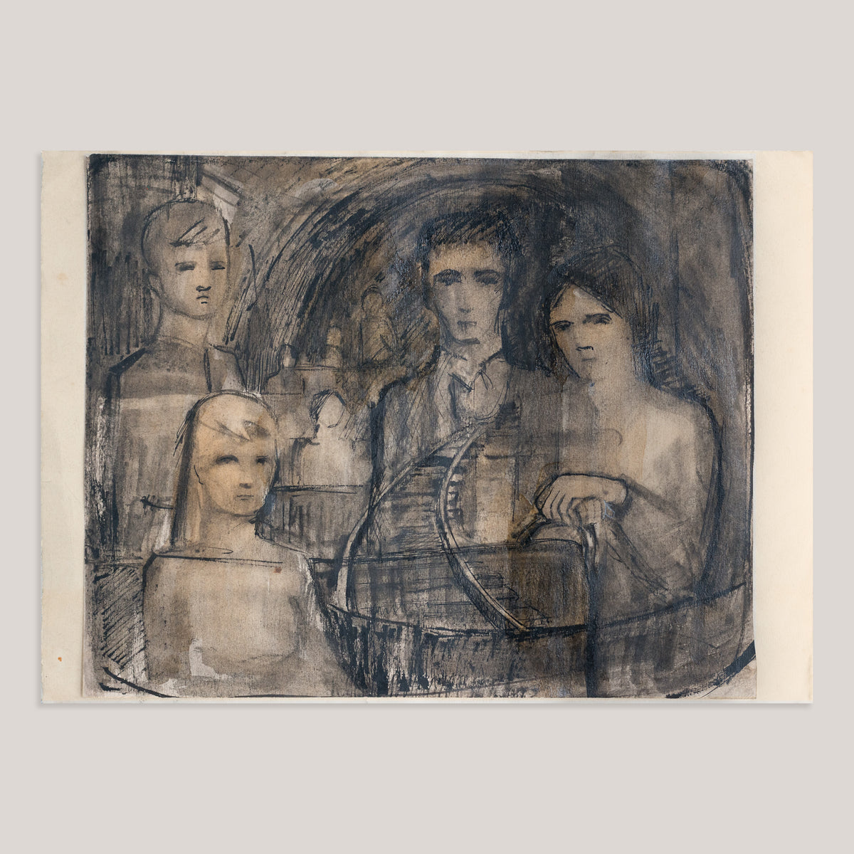 Pen, ink and wash drawing of four figures alongside a curving railway track beneath architectural arches, described as follower of Keith Vaughan.