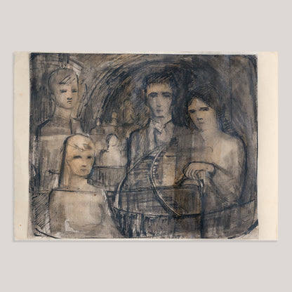 Pen, ink and wash drawing of four figures alongside a curving railway track beneath architectural arches, described as follower of Keith Vaughan.