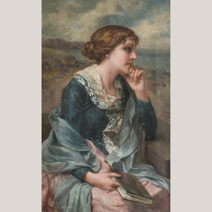 Portrait of a Young Woman Reading – Oil on Canvas by Antonio García Mencía (1849–1920)