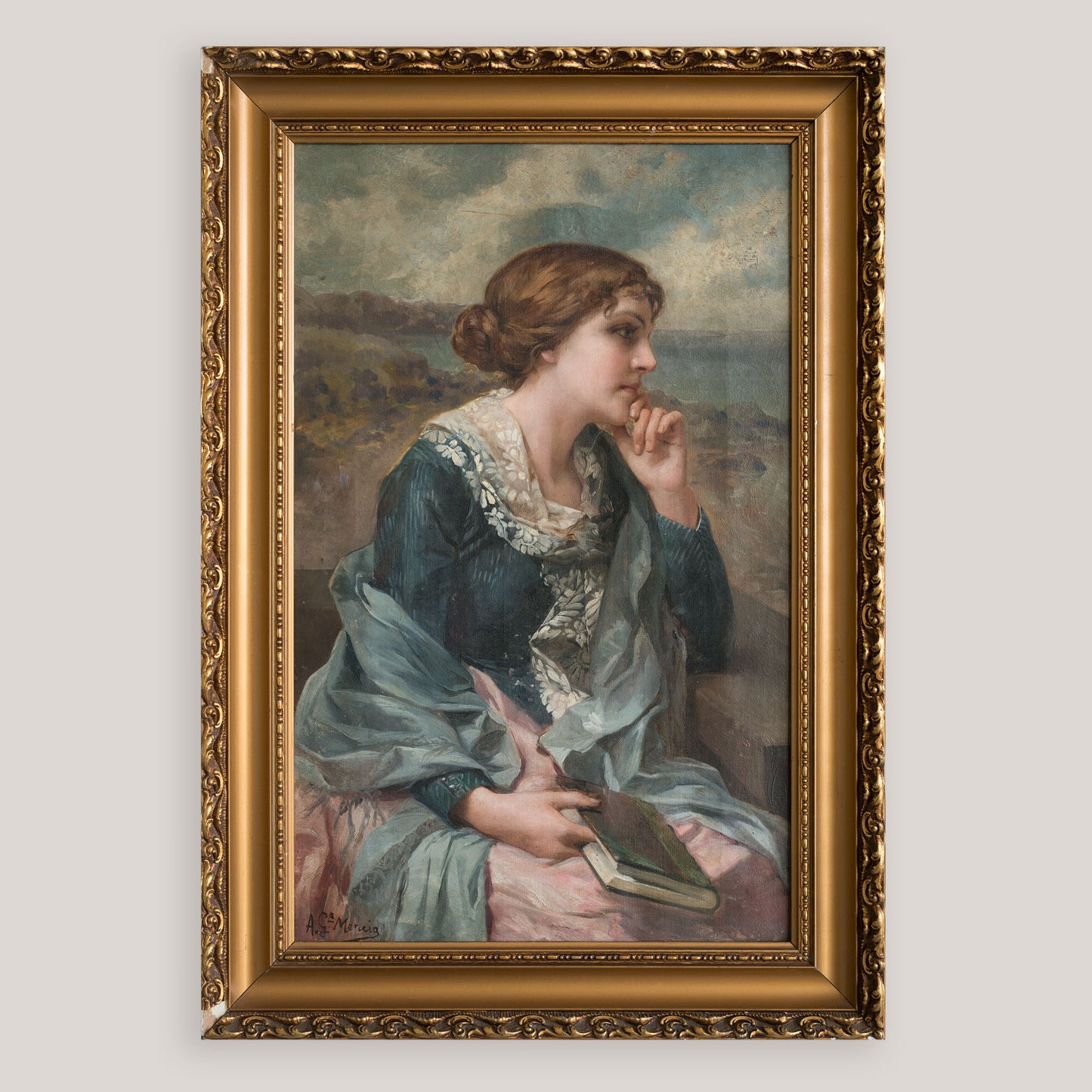 Portrait of a Young Woman Reading – Oil on Canvas by Antonio García Mencía (1849–1920)