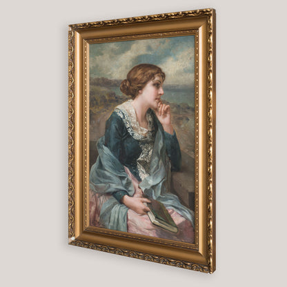 Portrait of a Young Woman Reading – Oil on Canvas by Antonio García Mencía (1849–1920)