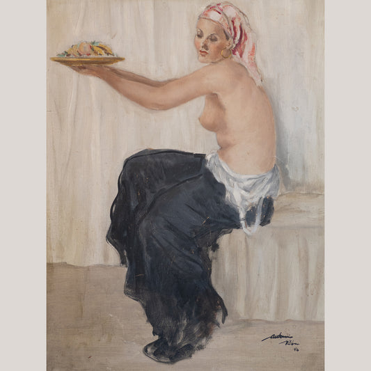 Seated Woman Offering Fruit – Oil Painting by Antonio Riba (1946)