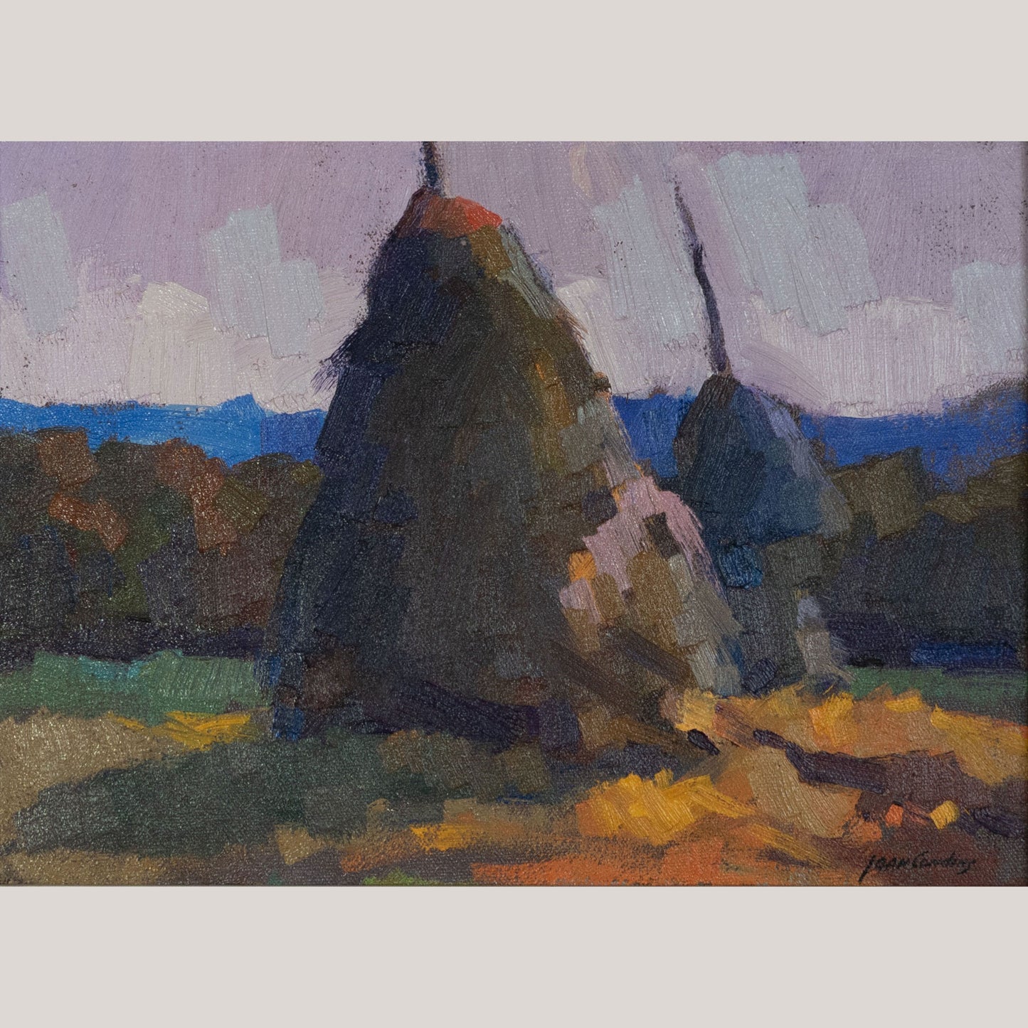 Twilight Haystacks - Joan Condins – Original Framed  Impressionist Oil Painting