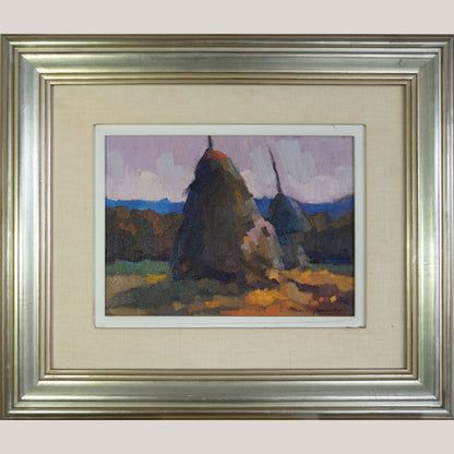 Twilight Haystacks - Joan Condins – Original Framed  Impressionist Oil Painting