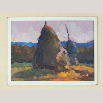 Twilight Haystacks - Joan Condins – Original Framed  Impressionist Oil Painting