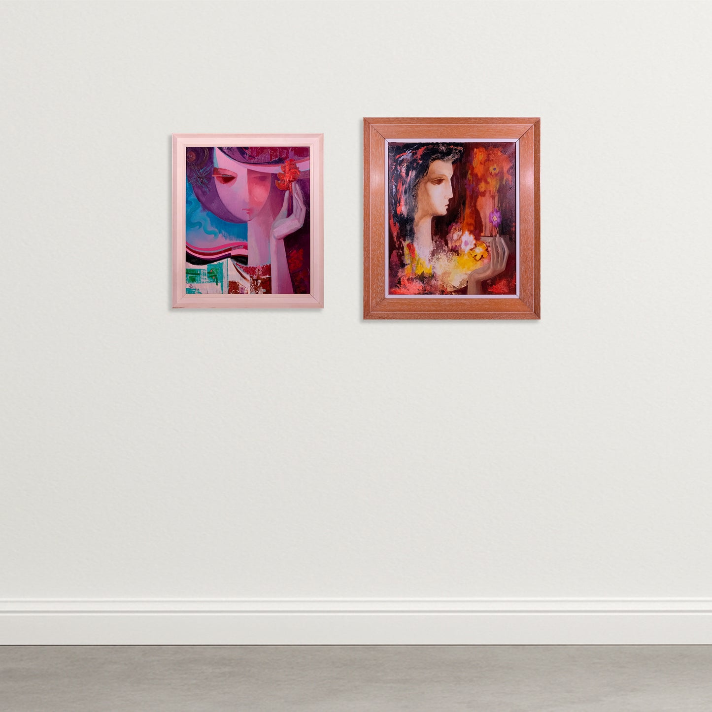 Mid-Century Stylised Female Portraits – Pair of Oil Paintings by Lleo