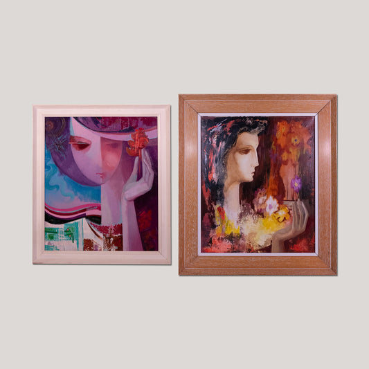 Mid-Century Stylised Female Portraits – Pair of Oil Paintings by Lleo