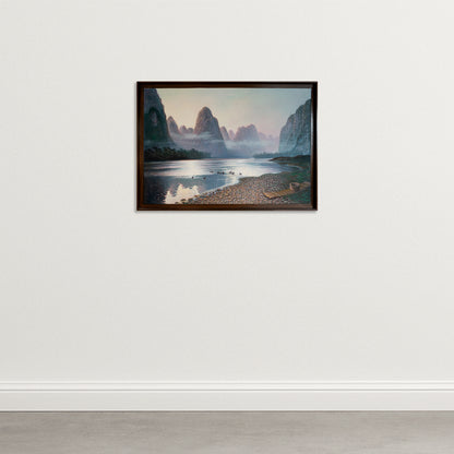 Tranquil Dawn on the Li River – Misty Karst Mountains – Oil on Canvas