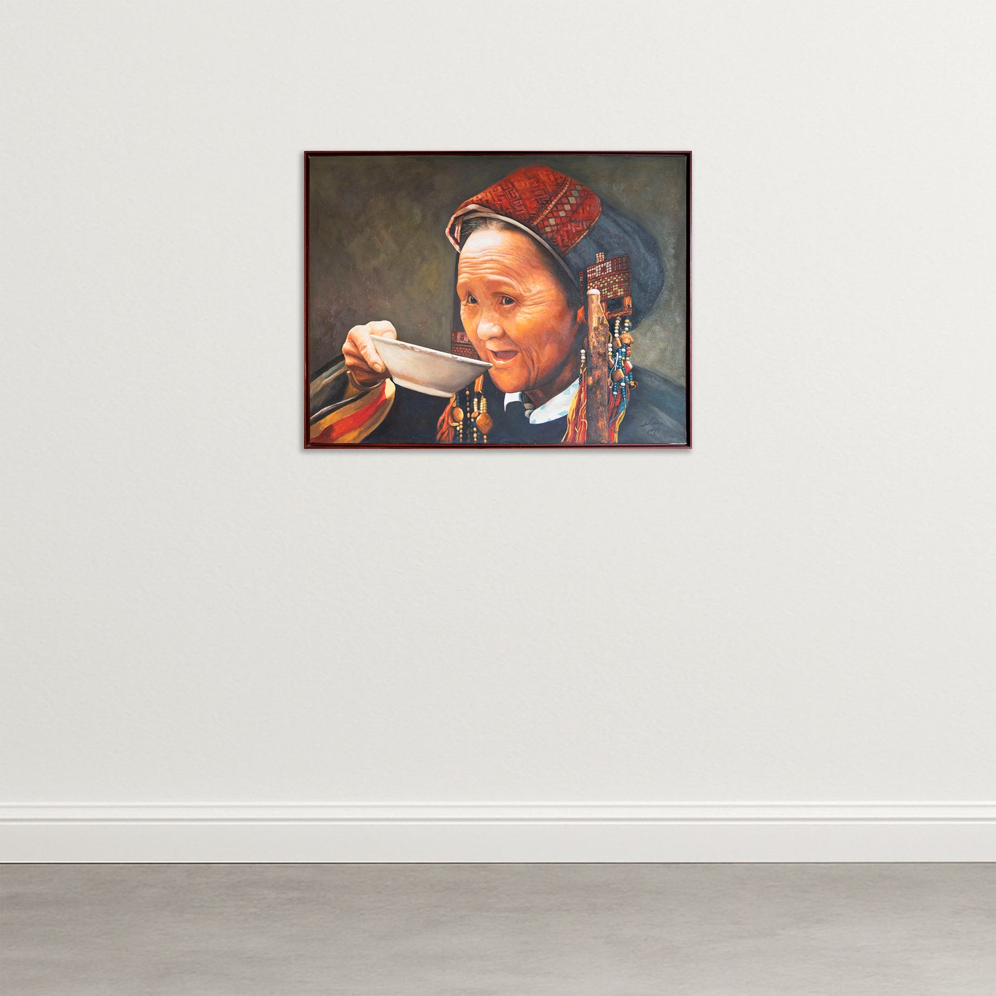 Portrait of a Tribal Woman Drinking Tea - Oil on Canvas