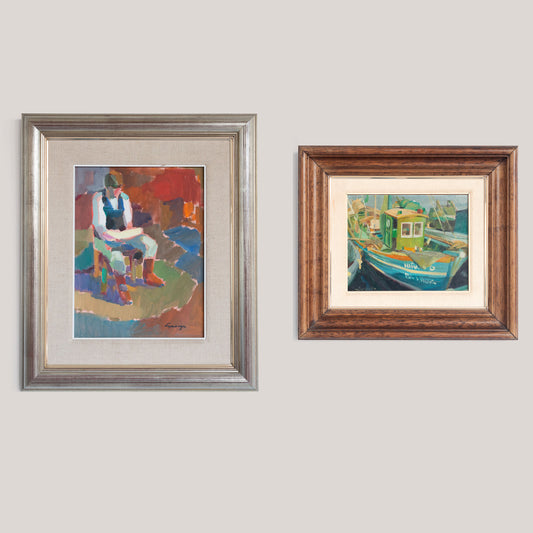 Two Post Impressionist Oil Paintings - Fisherman and Fishing Boats