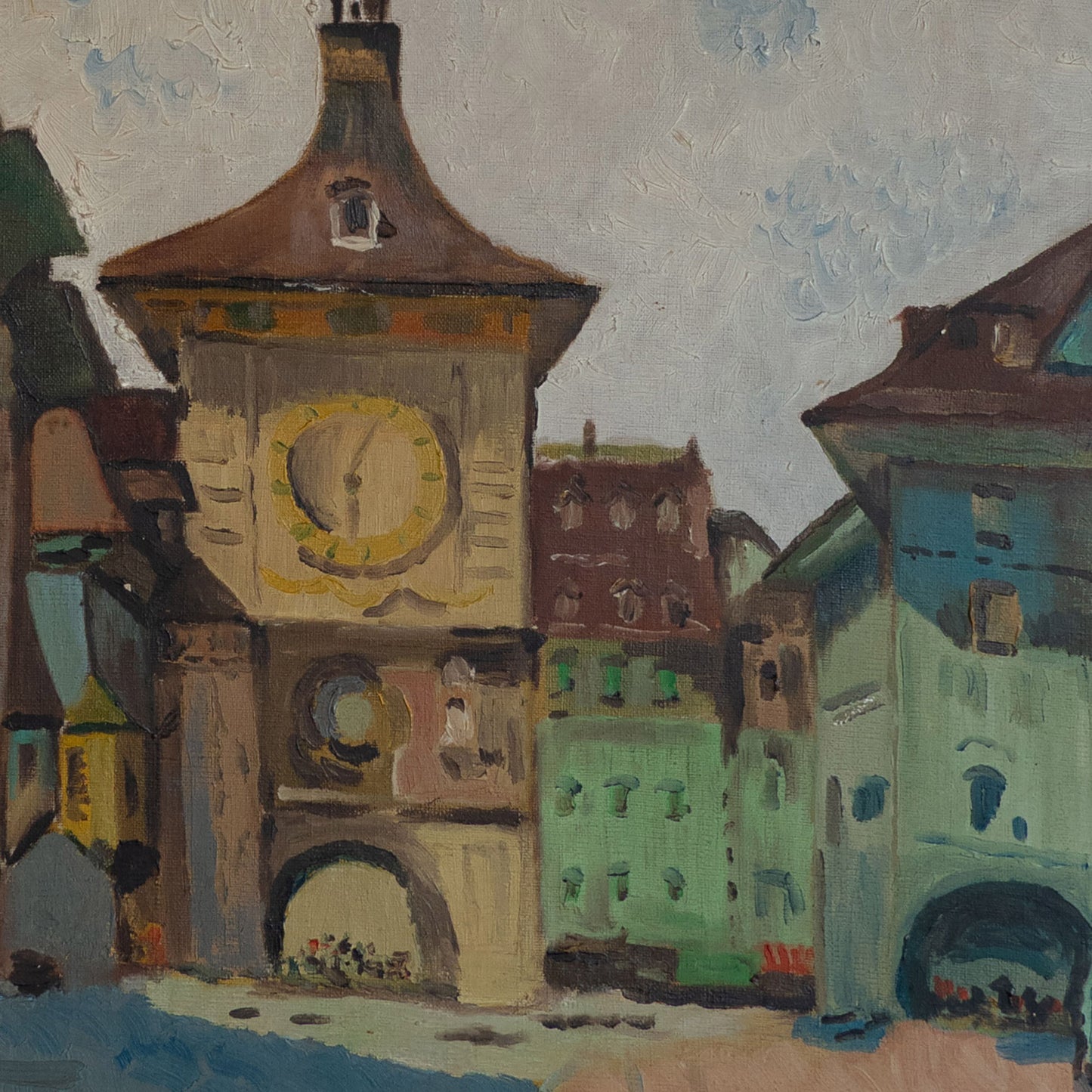 Mid-Century Berne Clock Tower Cityscape – Original Oil Painting