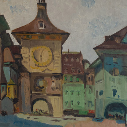 Mid-Century Berne Clock Tower Cityscape – Original Oil Painting
