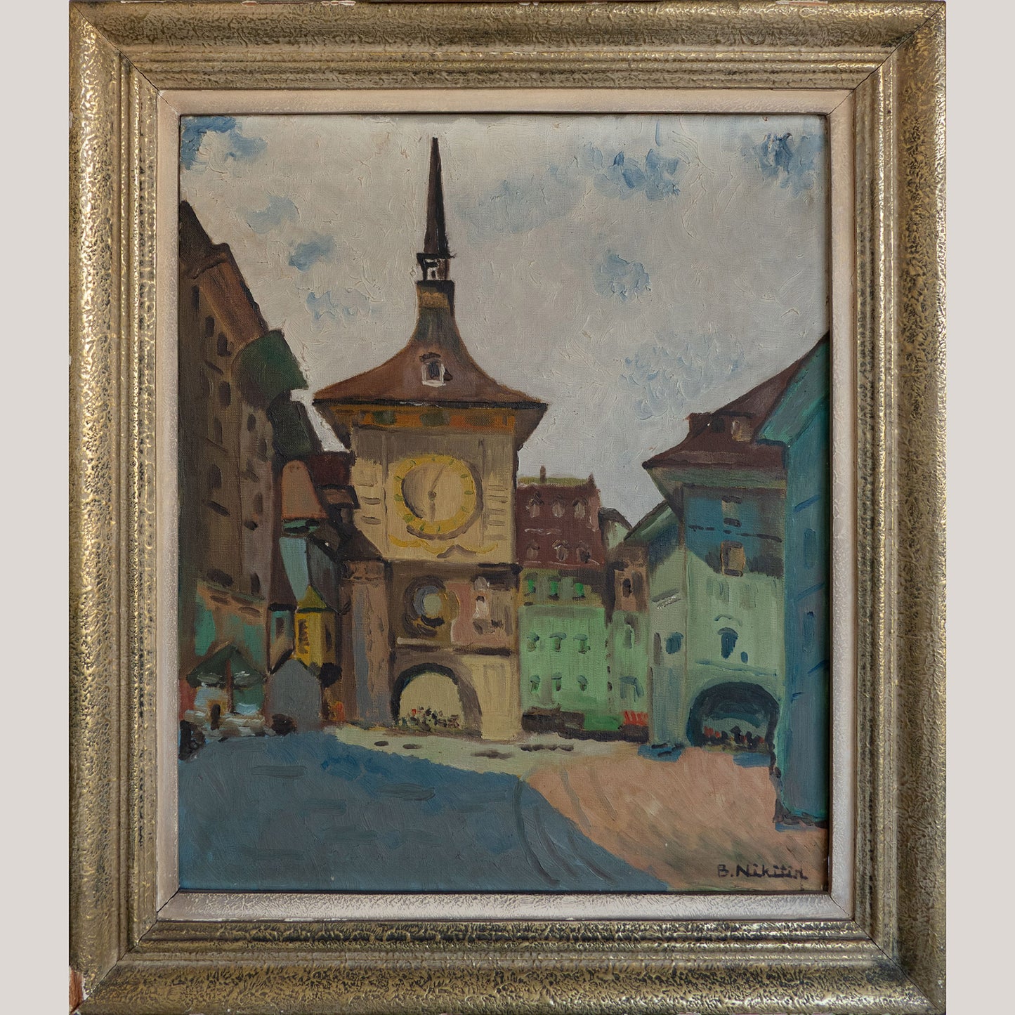 Mid-Century Berne Clock Tower Cityscape – Original Oil Painting