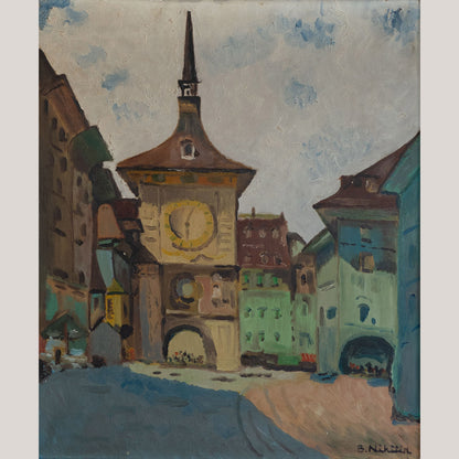 Mid-Century Berne Clock Tower Cityscape – Original Oil Painting