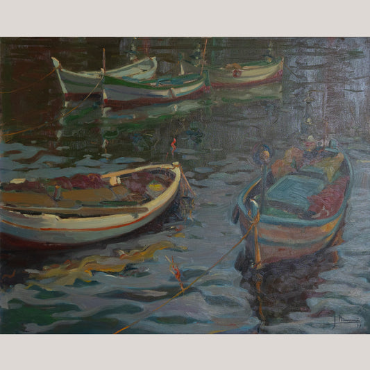 Post Impressionist Painting - Fishing Boats in Harbor by Josep Munné
