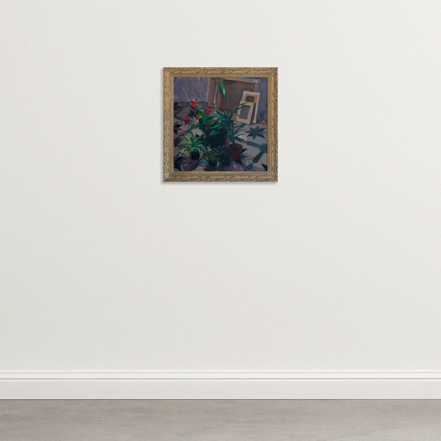 Interior Still Life with Plants – Oil on Canvas by Carmen Roger Especeta