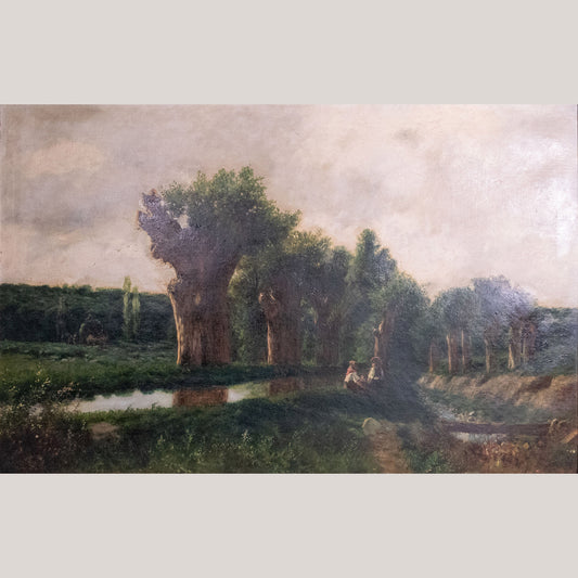 Pastoral Riverbank Scene – Signed 19th Century Oil Framed on Canvas