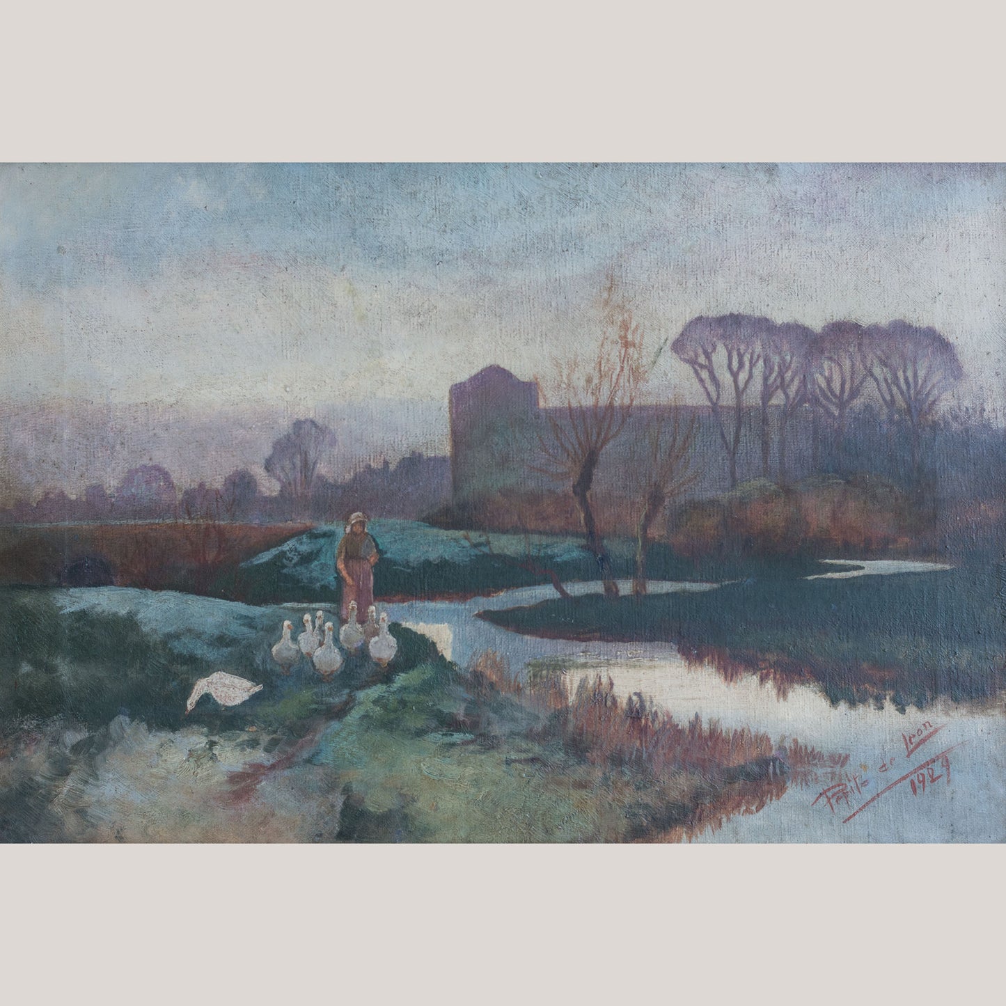 Lady Tending a Flock of Geese at Dusk or Dawn -  Barbizon  School Influenced