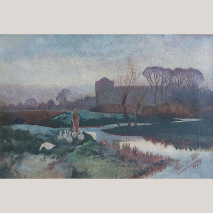 Lady Tending a Flock of Geese at Dusk or Dawn -  Barbizon  School Influenced
