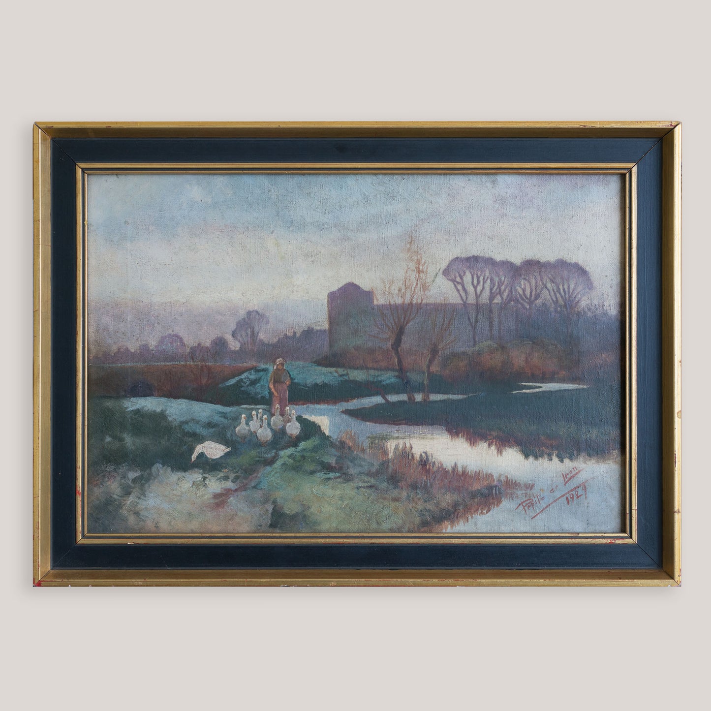 Lady Tending a Flock of Geese at Dusk or Dawn -  Barbizon  School Influenced