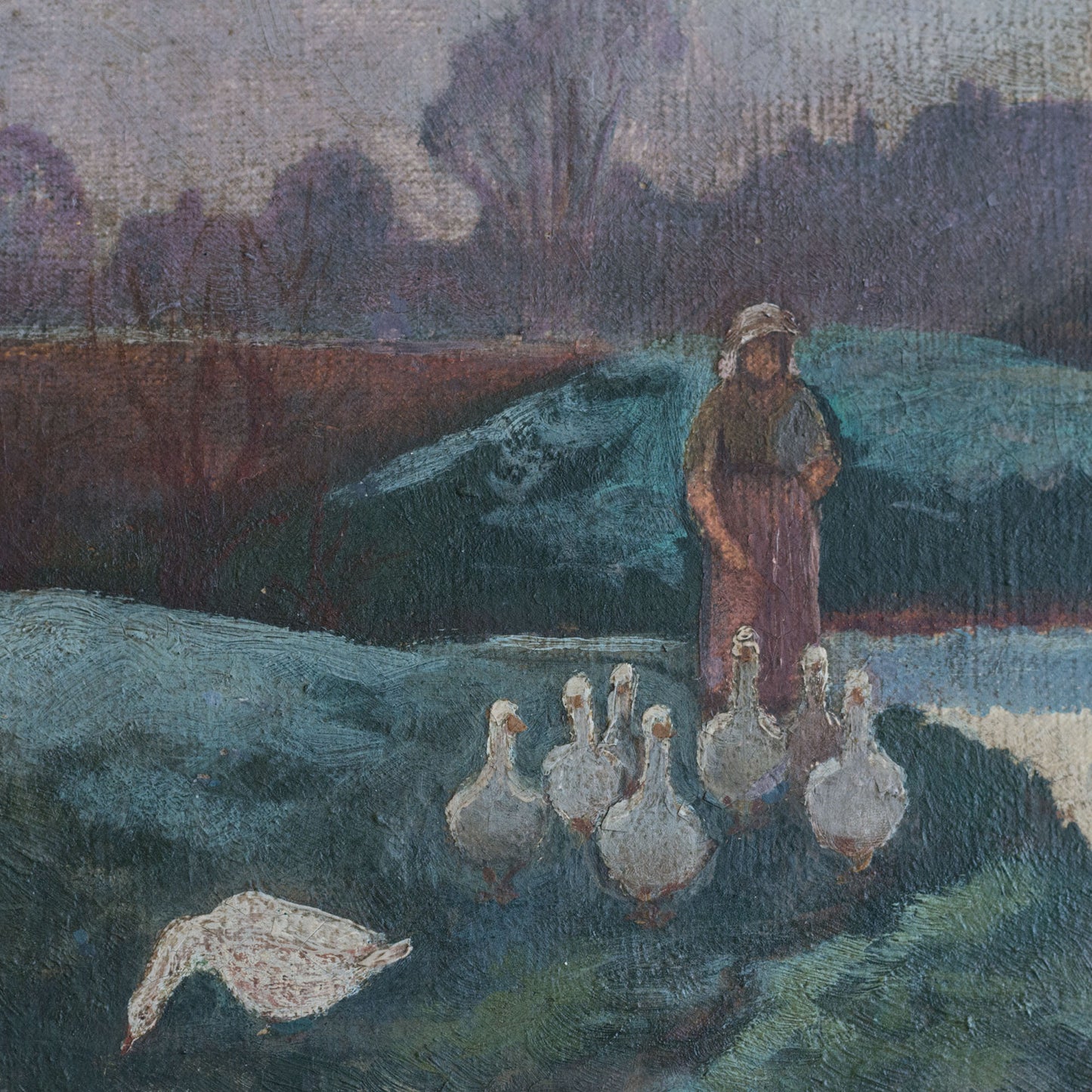 Lady Tending a Flock of Geese at Dusk or Dawn -  Barbizon  School Influenced