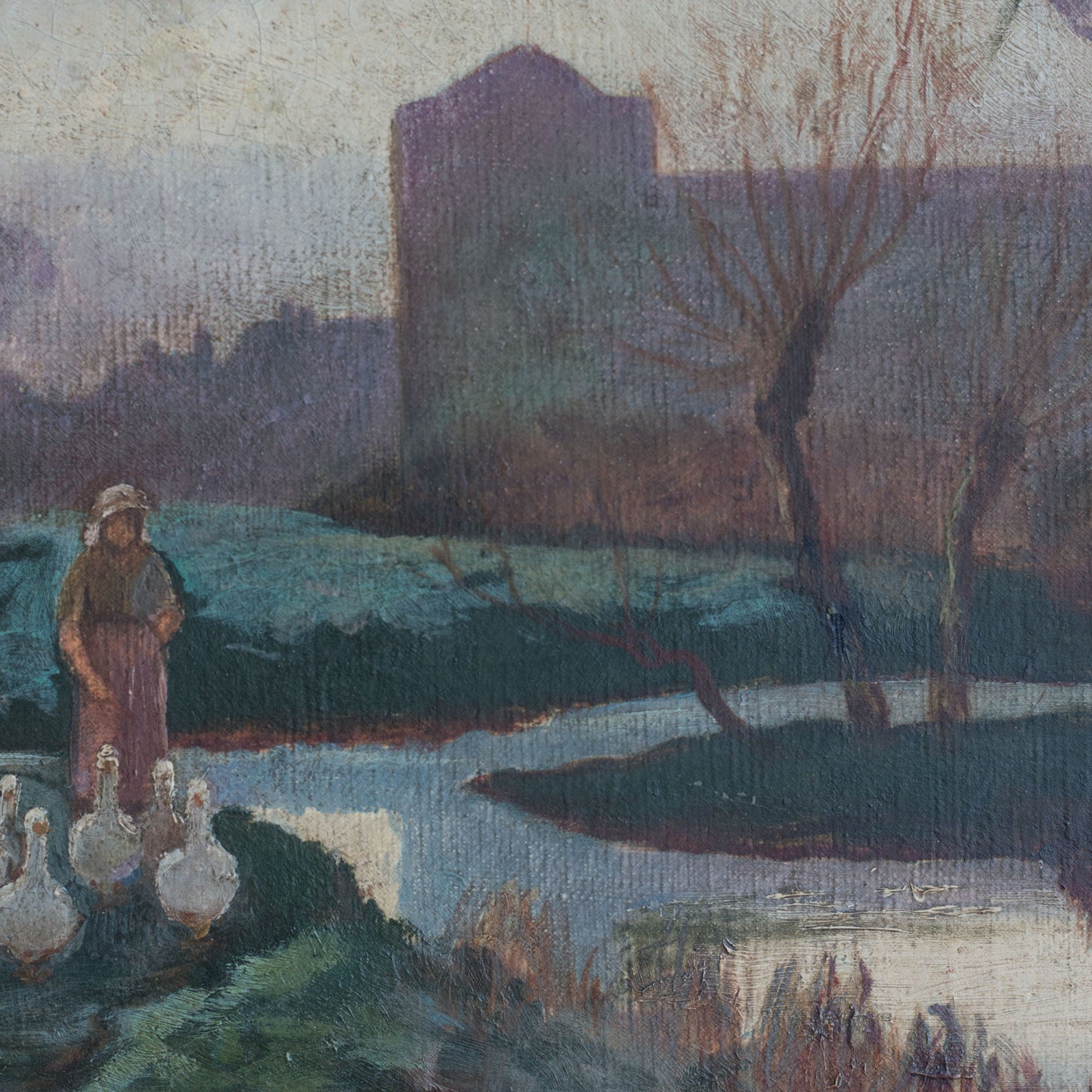 Lady Tending a Flock of Geese at Dusk or Dawn -  Barbizon  School Influenced