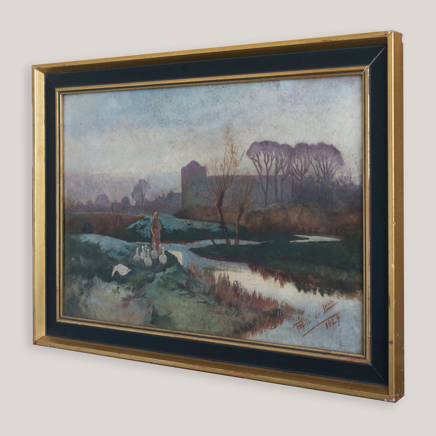 Lady Tending a Flock of Geese at Dusk or Dawn -  Barbizon  School Influenced