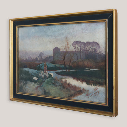 Lady Tending a Flock of Geese at Dusk or Dawn -  Barbizon  School Influenced