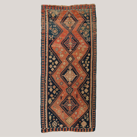 Large Vintage Hand-Knotted Caucasian Kazak Kilim Runner - 370 × 165 cm.
