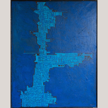 Blue Abstract Geometric Composition – 19th Century Oil on Canvas by Cellos