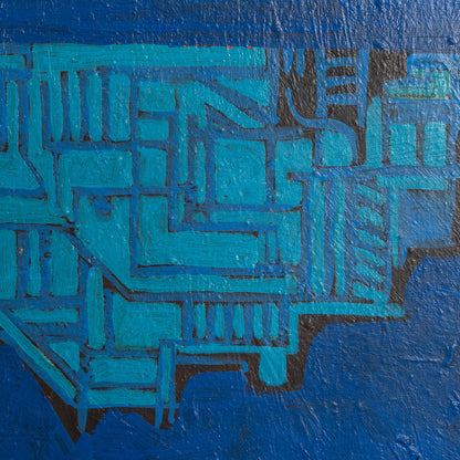 Blue Abstract Geometric Composition – 19th Century Oil on Canvas by Cellos