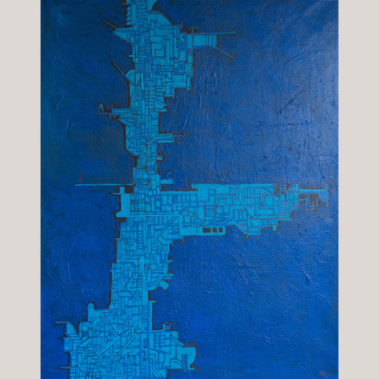 Blue Abstract Geometric Composition – 19th Century Oil on Canvas by Cellos