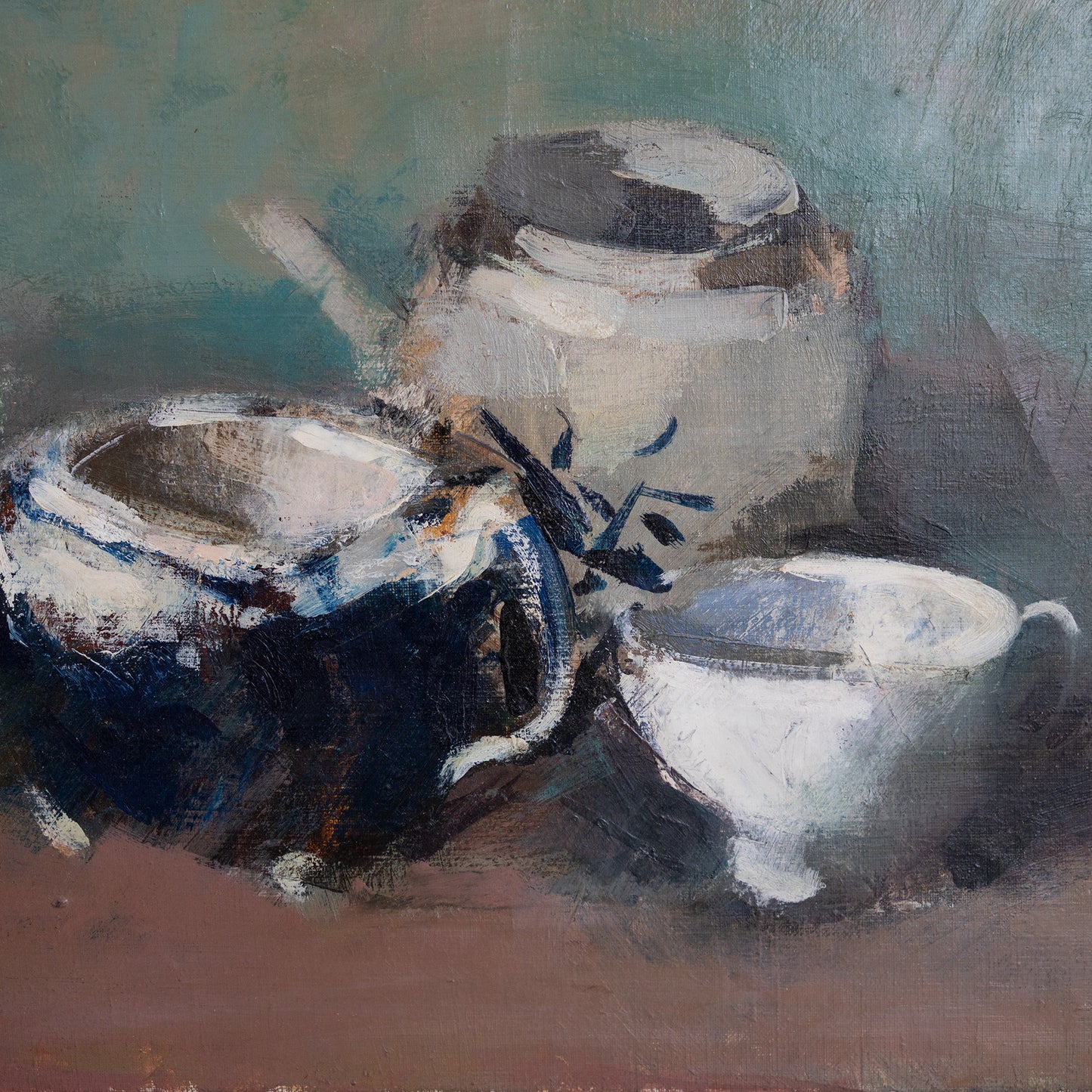 Pair of Still Life Paintings - Oil Studies Teacups and Pots – Signed and Dated