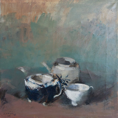Pair of Still Life Paintings - Oil Studies Teacups and Pots – Signed and Dated