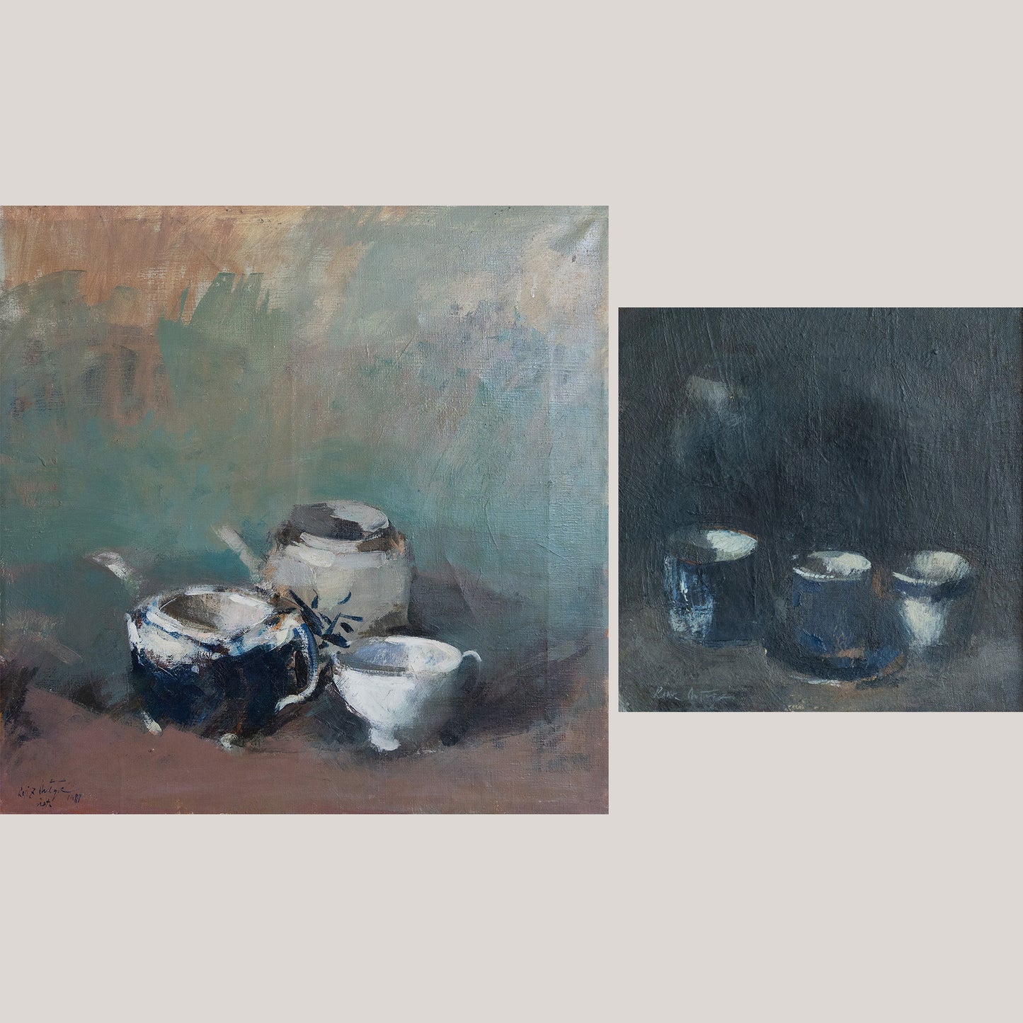 Pair of Still Life Paintings - Oil Studies Teacups and Pots – Signed and Dated